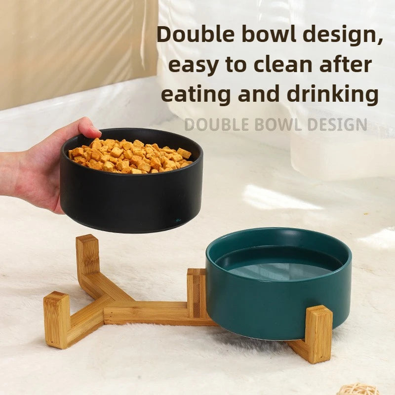 Ceramic Pet Bowl with Wood Stand