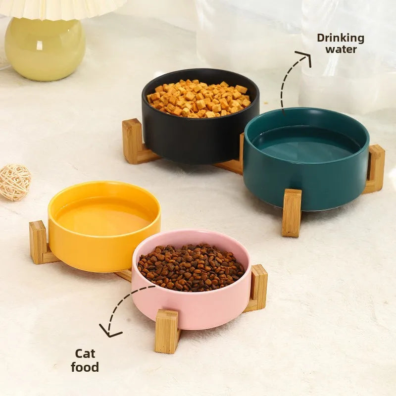 Ceramic Pet Bowl with Wood Stand